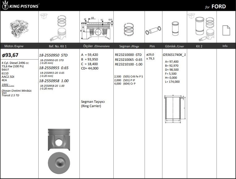 MOTOR PISTON+SEGMANI ( RIKEN )  91,60+STDmm CAP STAREX 2500 TCI D4BH 4 SIL. DIZEL 2467 CC-73 78 KW (